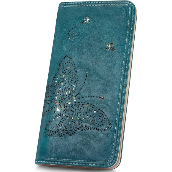 Peacock Blue Ultra Slim RFID Women Wallet with Glitter Embellishments, Compact B - Picture 1 of 6